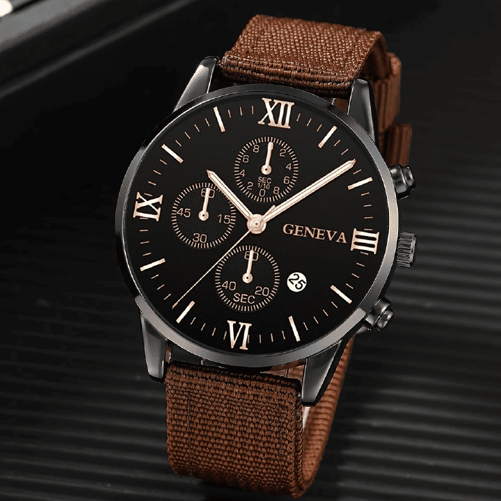 4-in-1 Men's Watch Set Quartz Business Casual Round Pointer Calendar Canvas Band Bracelet Accessories