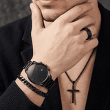 Men's 4-in-1 Watch and Jewelry Set Black Calendar Watch Rings Bracelet Necklace Titanium Steel Cross