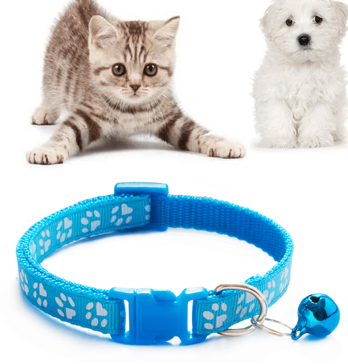 Colorful Pet Collar with Bell and Paw Print Adjustable Light Blue