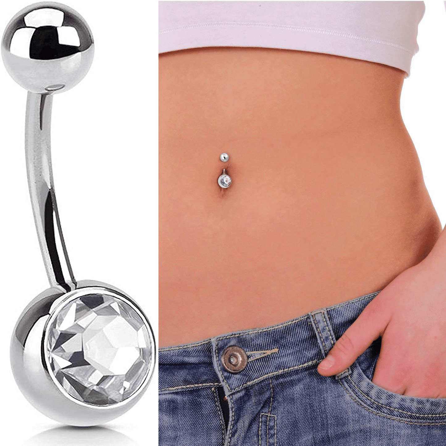 CZ Belly Button Ring Curved Barbell Surgical Steel 14GA