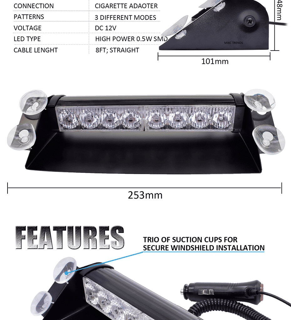 12V LED Car Strobe Light Windshield Dash Flasher Red Blue