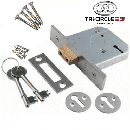 Tri-Circle 3-Lever Mortice Deadlock Nickel Plated Reversible Door Lock