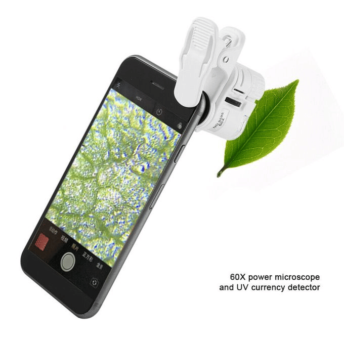 60X Magnifying Clip Microscope for Smartphones with LED UV Light
