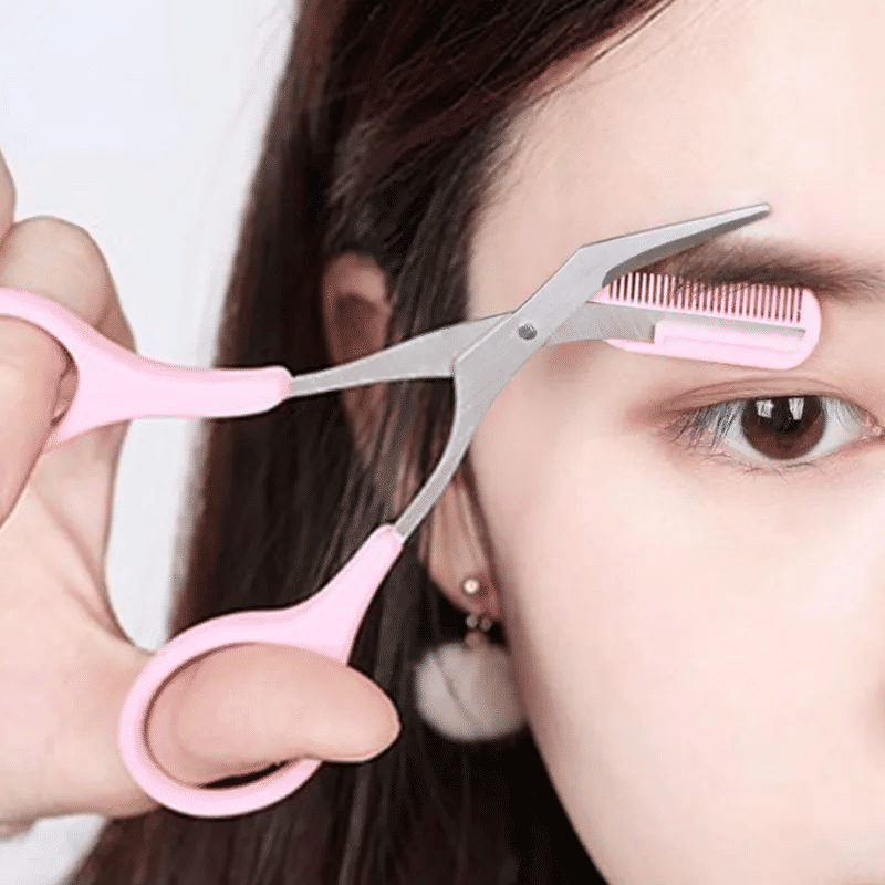 Stainless Steel Eyebrow Trimming Scissors with Comb Pink