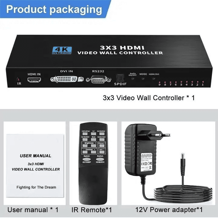 Generic 3x3 TV Video Wall Controller 4K HDMI DVI Splicer Black