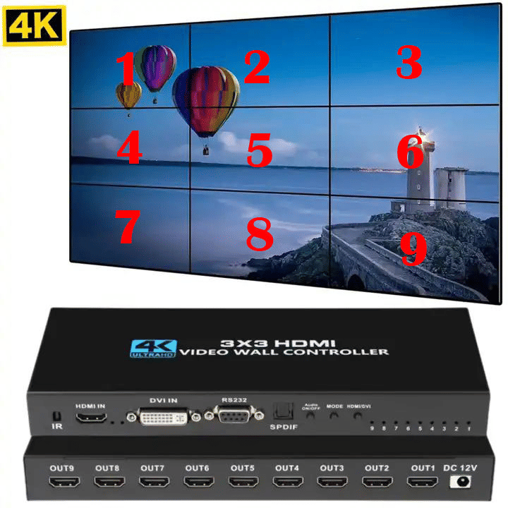 Generic 3x3 TV Video Wall Controller 4K HDMI DVI Splicer Black