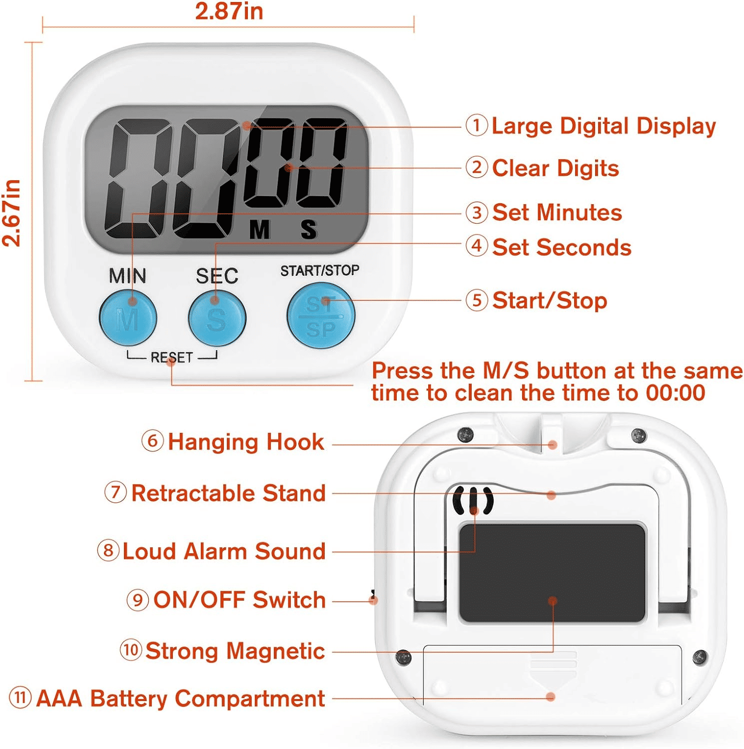 Magnetic Digital Kitchen Timer 2 Pack Loud Alarm White