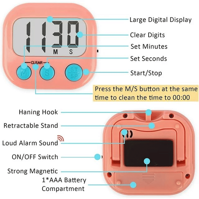 Generic Digital Kitchen Timer Large Display Magnetic Stand Pink