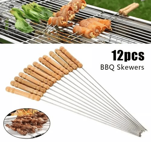 12 Piece Barbecue Skewer Set with Wooden Handle BBQ Tools