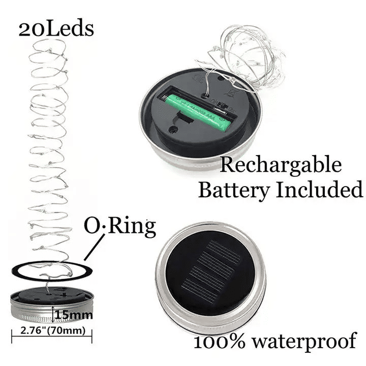 Generic Solar Mason Jar LED Fairy String Lights 20 LED Silver