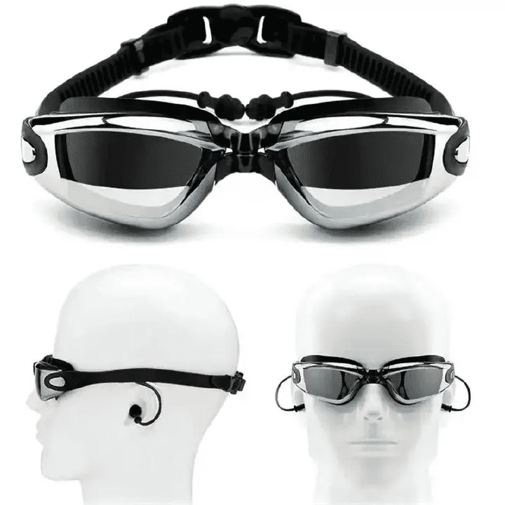 4Pcs Set High Definition Waterproof Anti-Fog Swimming Goggles Large Frame Electroplating with Cap Earplugs Nose Clip