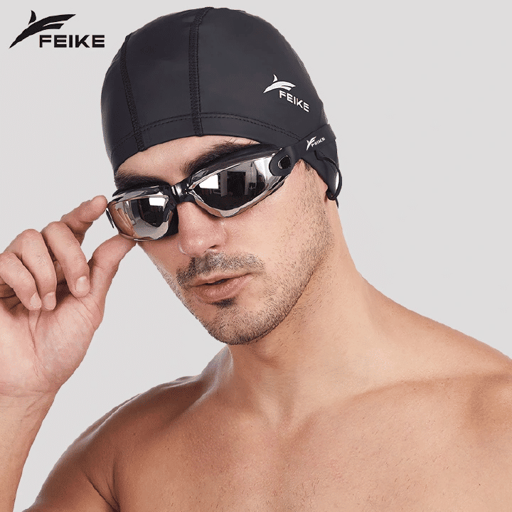 4Pcs Set High Definition Waterproof Anti-Fog Swimming Goggles Large Frame Electroplating with Cap Earplugs Nose Clip