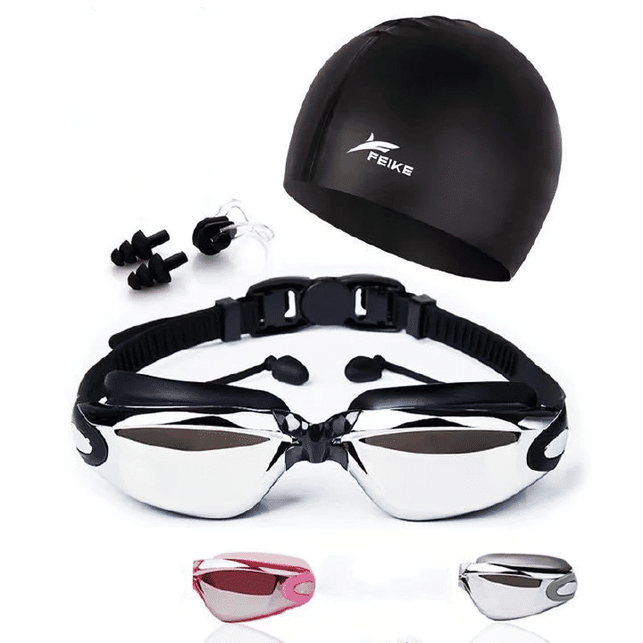 4Pcs Set High Definition Waterproof Anti-Fog Swimming Goggles Large Frame Electroplating with Cap Earplugs Nose Clip