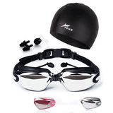 4Pcs Set High Definition Waterproof Anti-Fog Swimming Goggles Large Frame Electroplating with Cap Earplugs Nose Clip