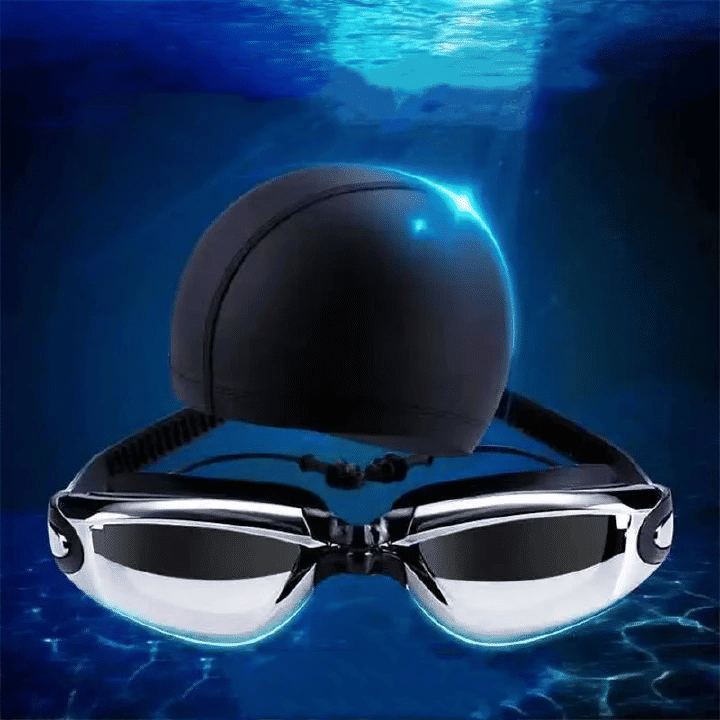 4Pcs Set High Definition Waterproof Anti-Fog Swimming Goggles Large Frame Electroplating with Cap Earplugs Nose Clip