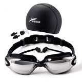 4Pcs Set High Definition Waterproof Anti-Fog Swimming Goggles Large Frame Electroplating with Cap Earplugs Nose Clip