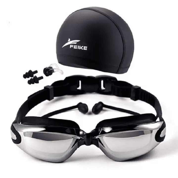 4Pcs Set High Definition Waterproof Anti-Fog Swimming Goggles Large Frame Electroplating with Cap Earplugs Nose Clip