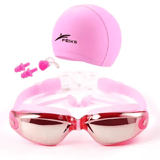 4Pcs Set High Definition Waterproof Anti-Fog Swimming Goggles Large Frame Electroplating with Cap Earplugs Nose Clip