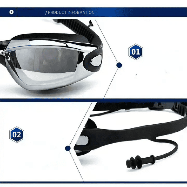 4Pcs Set High Definition Waterproof Anti-Fog Swimming Goggles Large Frame Electroplating with Cap Earplugs Nose Clip