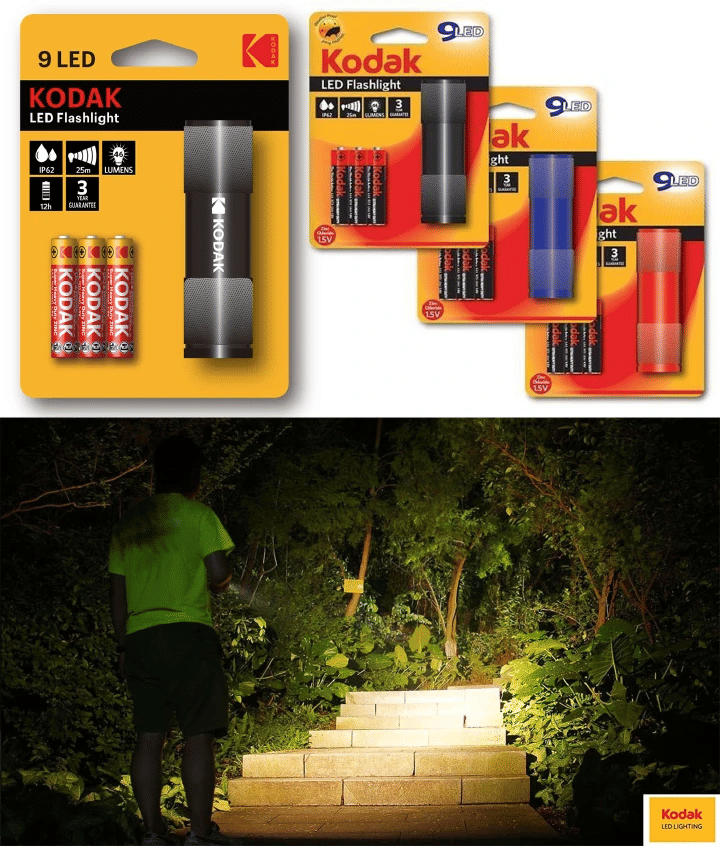 Kodak 9 LED Waterproof Torch with 3 Heavy Duty Batteries 25m Range