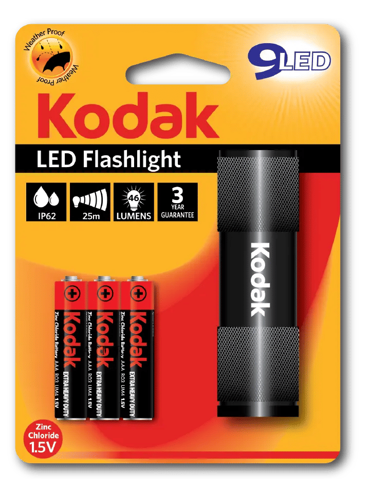 Kodak 9 LED Waterproof Torch with 3 Heavy Duty Batteries 25m Range