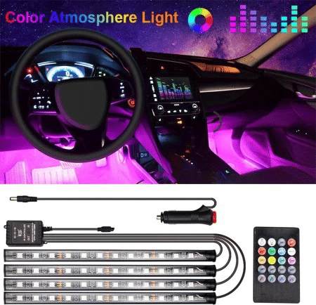 4-in-1 Car LED Strip Light 7 Multicolor Interior RGB Under Dash Lighting Wireless Remote Control