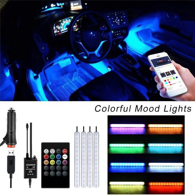 4-in-1 Car LED Strip Light 7 Multicolor Interior RGB Under Dash Lighting Wireless Remote Control