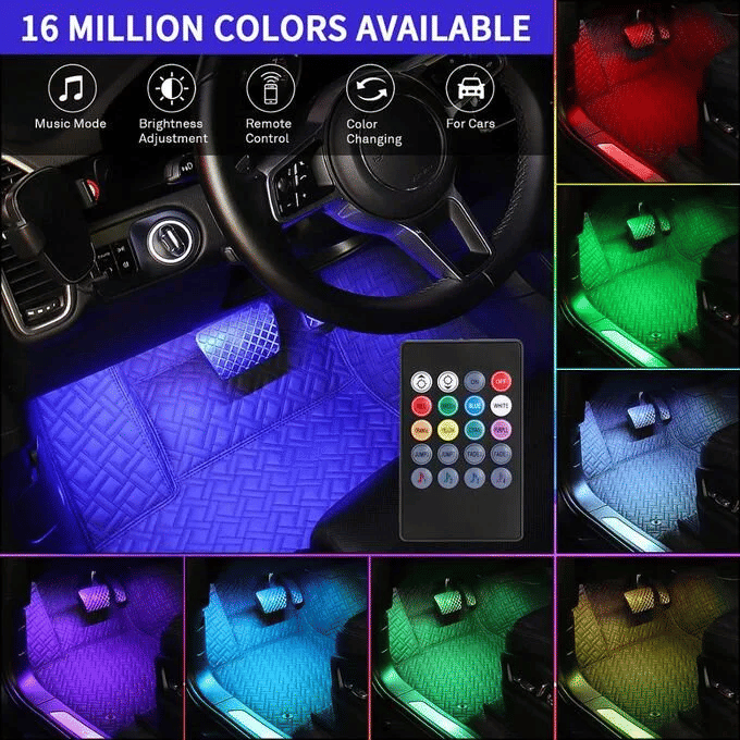 4-in-1 Car LED Strip Light 7 Multicolor Interior RGB Under Dash Lighting Wireless Remote Control