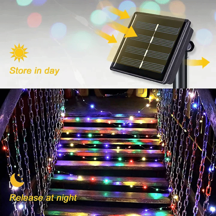 100 LED Solar Fairy Lights 33ft Silver Wire 8 Modes IP65 Waterproof Outdoor Indoor Decorations Multicolour
