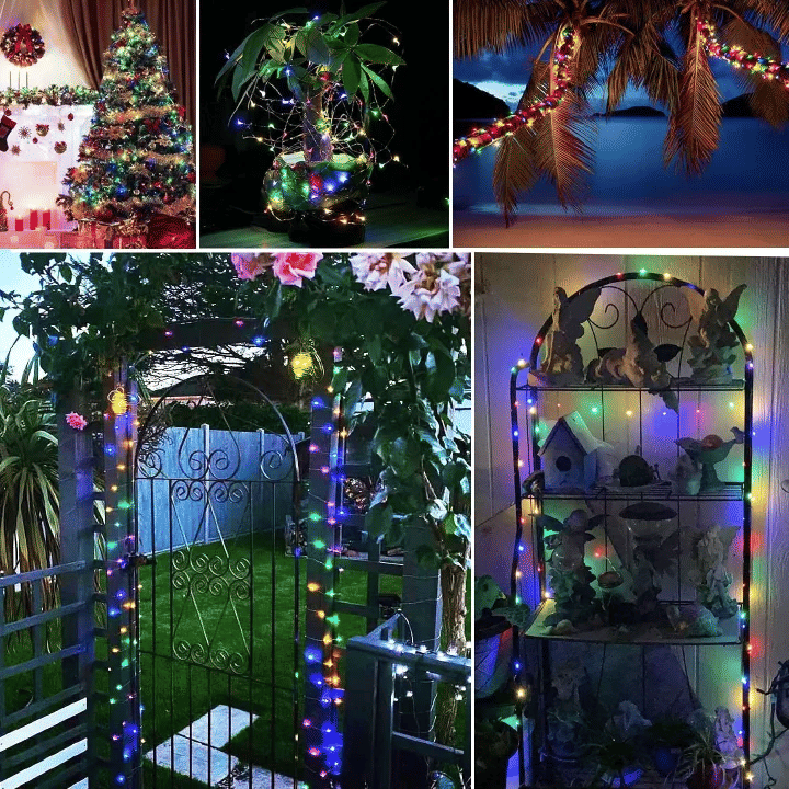 100 LED Solar Fairy Lights 33ft Silver Wire 8 Modes IP65 Waterproof Outdoor Indoor Decorations Multicolour