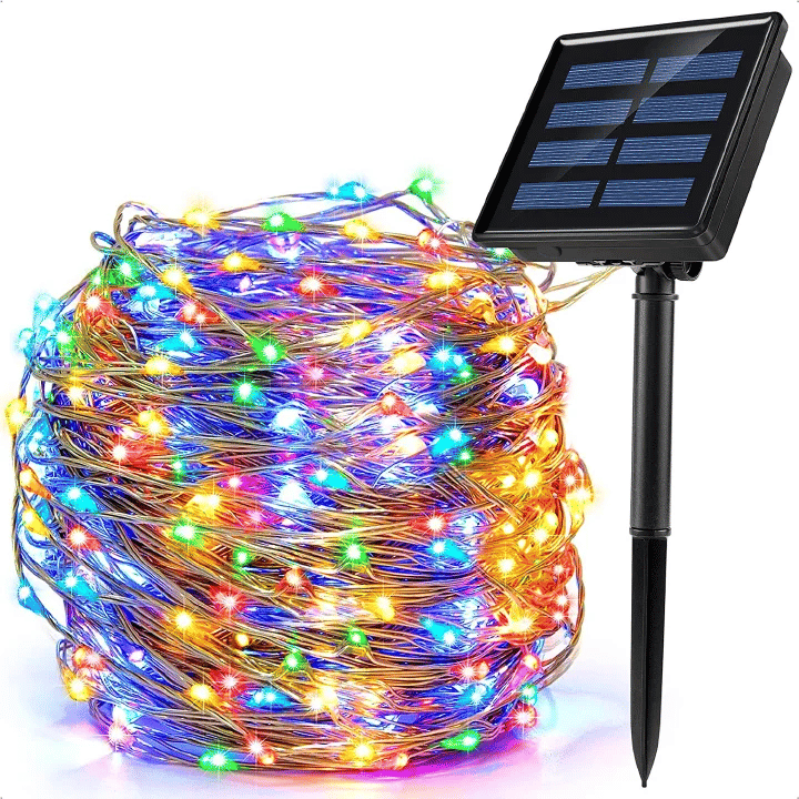 100 LED Solar Fairy Lights 33ft Silver Wire 8 Modes IP65 Waterproof Outdoor Indoor Decorations Multicolour
