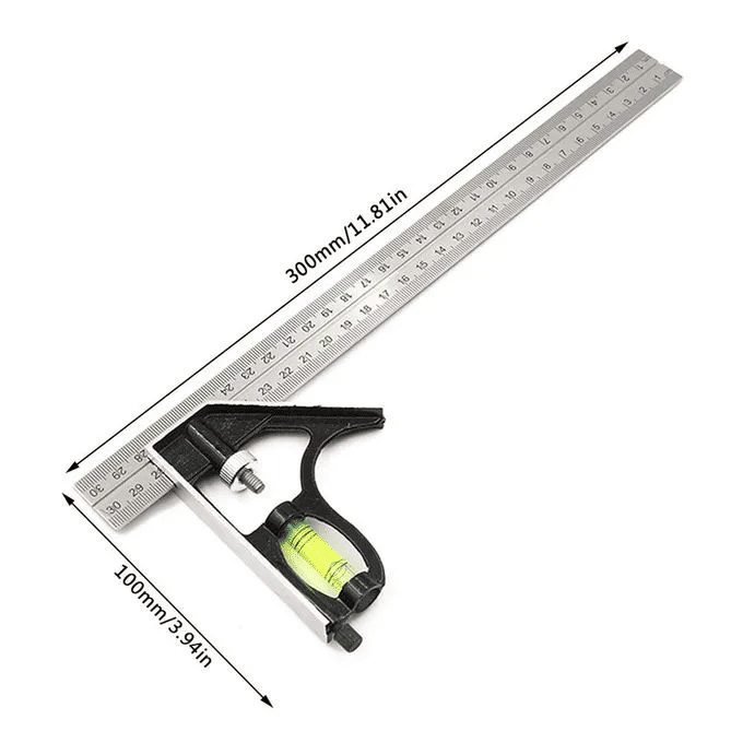 Combination Square 300mm 12-Inch Heavy Duty Professional Adjustable Right Angle Ruler Universal Inch/Metric Stainless Steel Level & Tool Metal-Body Carpenter's Multi-Functional Engineer Measur