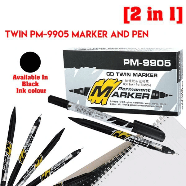 12 Pcs PM-9905 2 In 1 CD Twin Permanent Marker And Pen Both Side Black