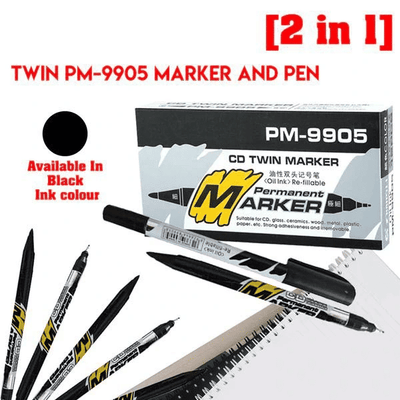 12 Pcs PM-9905 2 In 1 CD Twin Permanent Marker And Pen Both Side Black