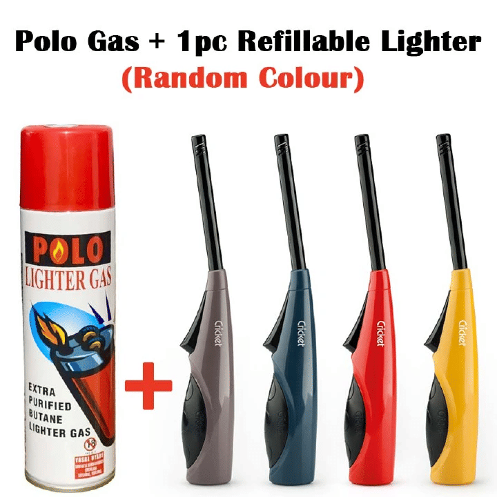 Cricket Firepower Long Refillable Lighter With Polo Butane Gas Extra Purified Universal