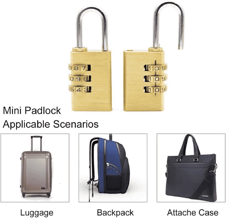 3-Digit Combination Brass Padlock Keyless Mini Safety Password Resetable Code Lock for Luggage Suitcase Backpack Travel Bag Gold 1Pc/Set