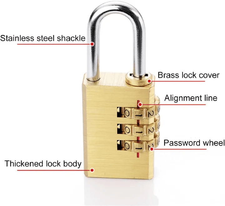 3-Digit Combination Brass Padlock Keyless Mini Safety Password Resetable Code Lock for Luggage Suitcase Backpack Travel Bag Gold 1Pc/Set
