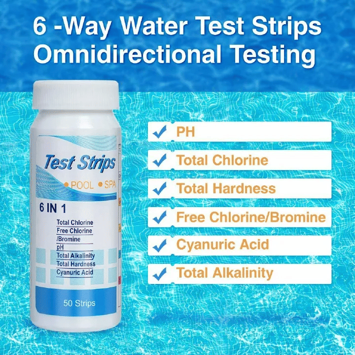6 in 1 Pool Test Strips 50 Counts Swimming Pool Hot Tub Spa Water Quality Testing for Total Chlorine Free Chlorine Bromine Total Hardness pH Cyanuric Acid Total Alkalinity