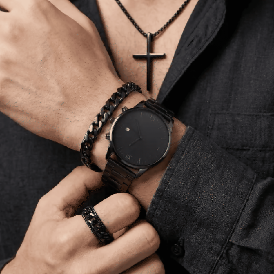 Men's 4-in-1 Watch and Jewelry Set Black Calendar Watch Rings Bracelet Necklace Titanium Steel Cross