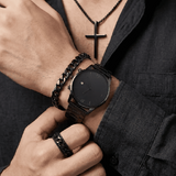 Men's 4-in-1 Watch and Jewelry Set Black Calendar Watch Rings Bracelet Necklace Titanium Steel Cross