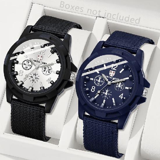 2-Piece Unisex Casual Quartz Watch Set with Durable Canvas Straps