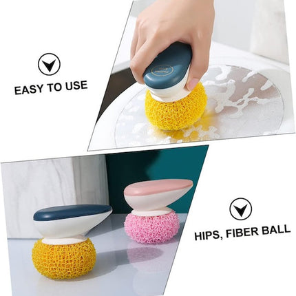 Kitchen Cleaning Ball, Polyester Kitchen Sponge Plate Washing Brush, Non-Stick Tableware Scrubber, Dishwashing Scrub with Handle