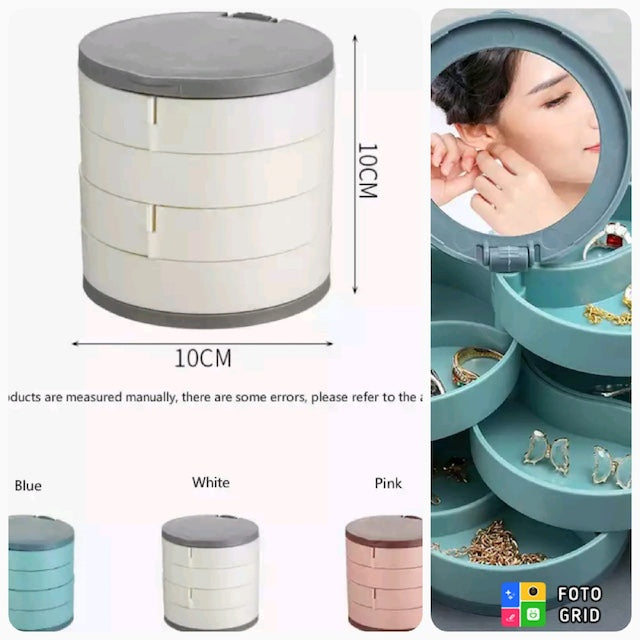 Four Layered Rotating Accessories Storage Box, 360 Degree Rotating Earring Storage with Mirror, Travel Jewellery Box