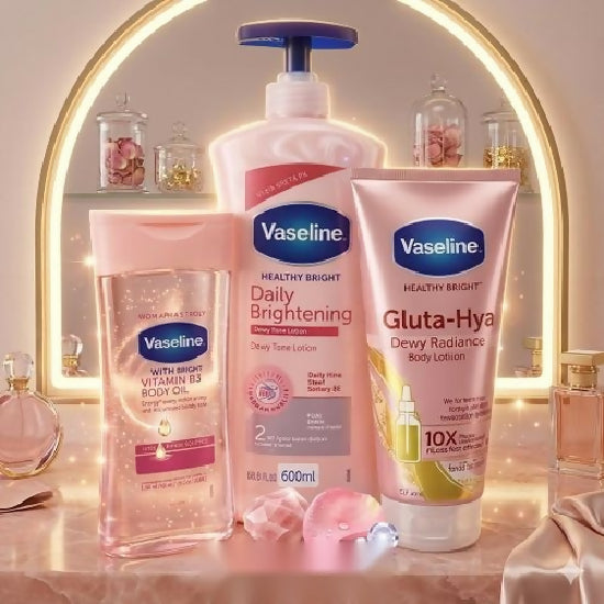 Vaseline 3 In 1 Brightening Package: Intensive Care Vitamin B3 Body Oil 200ML + Daily Brightening Even Tone Lotion 600ML+ Gluta-Hya Dewy Radiance Serum Burst Lotion 330ML