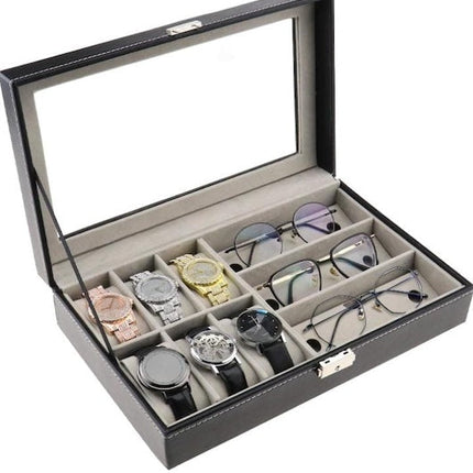 Portable Watch + Glasses Organizer, Multi Slot Leather Watch/Goggles Box Organizer Case, Display Organizer Box