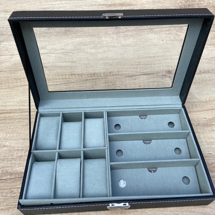 Portable Watch + Glasses Organizer, Multi Slot Leather Watch/Goggles Box Organizer Case, Display Organizer Box