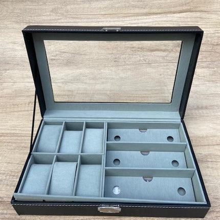 Portable Watch + Glasses Organizer, Multi Slot Leather Watch/Goggles Box Organizer Case, Display Organizer Box