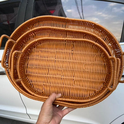 Rattan Oval Basket Decor, Multi-Functional Rattan Serving Tray Wicker Woven Bread Basket - Set of 3