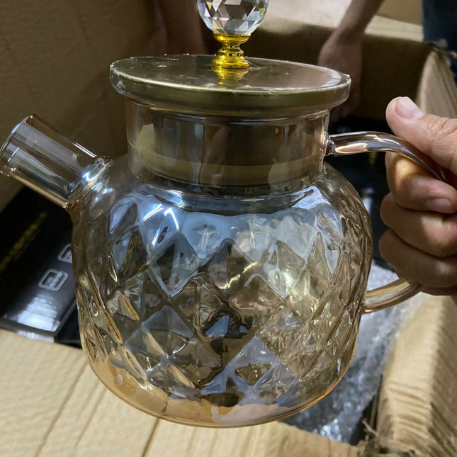 Champagne Color Diamond Texture Surface Glass Kettle Heat-resistant Thicken Glass Household Juice Flower Teapot Nordic