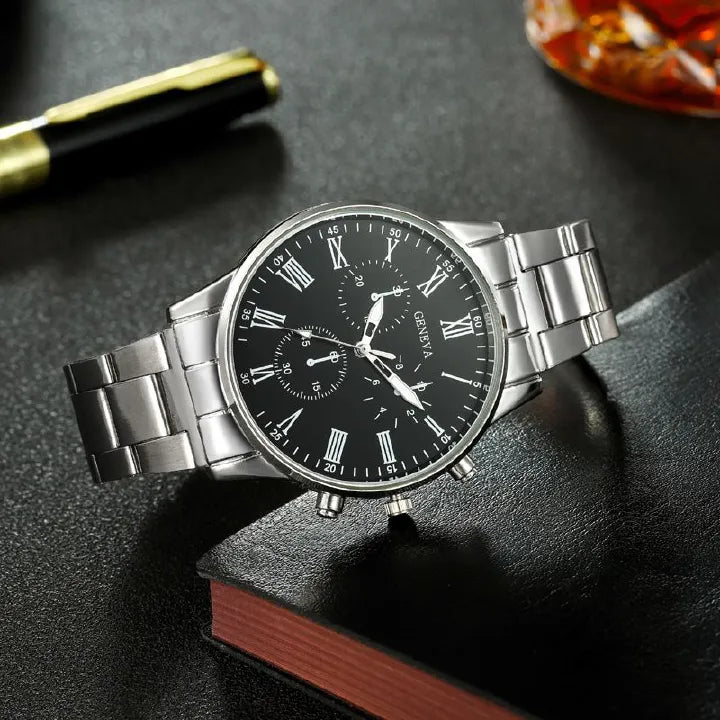 4-Piece Men's Quartz Watch Gift Set with Steel Accessories
